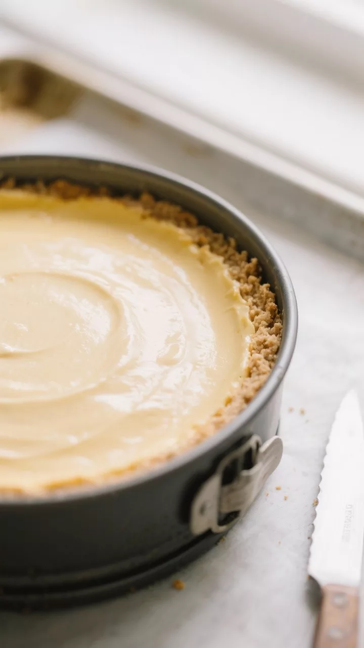 Close-up detail: A freshly baked keto cheesecake still in the springform pan, edges set with a sligh