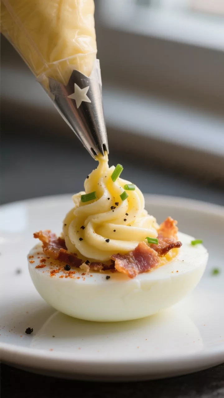 Close-up detail: A halved deviled egg being filled with a star-tipped piping bag, creamy yolk mixtur