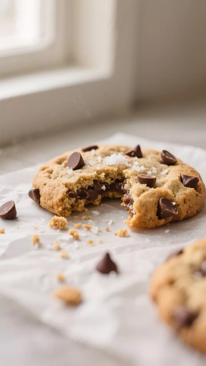 Close-up detail: A just-baked keto chocolate chip cookie broken in half, showing a soft, chewy almon