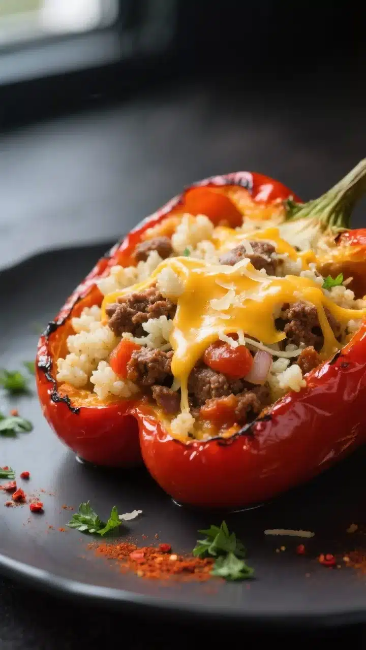 Close-up detail: A just-baked keto stuffed bell pepper cut open to reveal the cheesy cauliflower ric