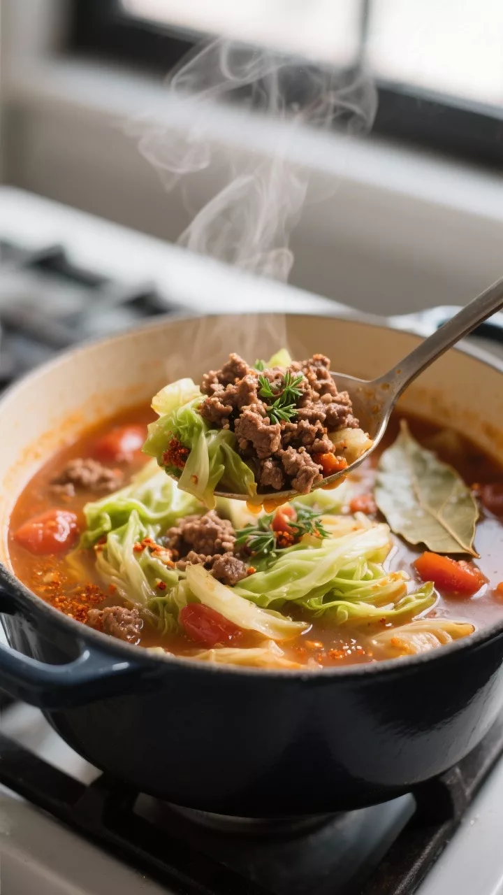 Close-up detail: A ladle lifting rich Keto Cabbage Beef Soup from a Dutch oven, showcasing browned c