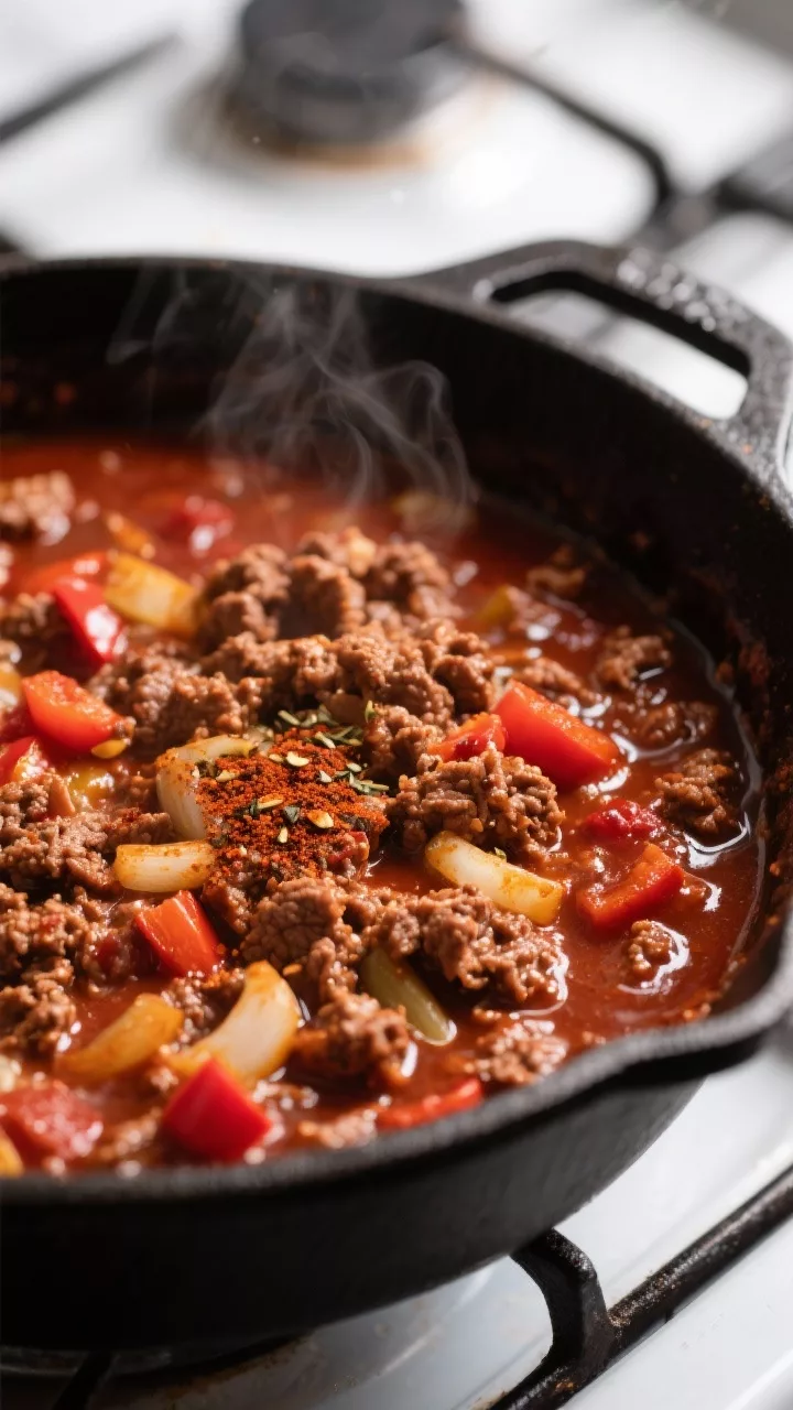 Close-up detail: A rich, bean-free keto chili simmering in a matte-black Dutch oven, showcasing glis