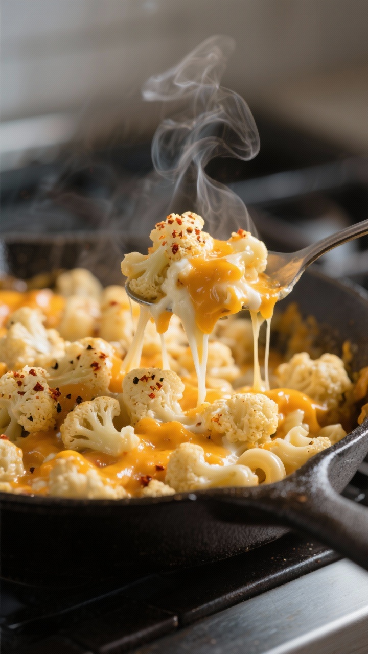 Close-up detail: A skillet of just-tossed keto cauliflower “mac and cheese” with every bite-size