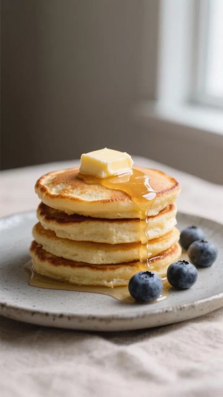 Close-up detail: A stack of small keto cream cheese pancakes just off the griddle, golden with crisp