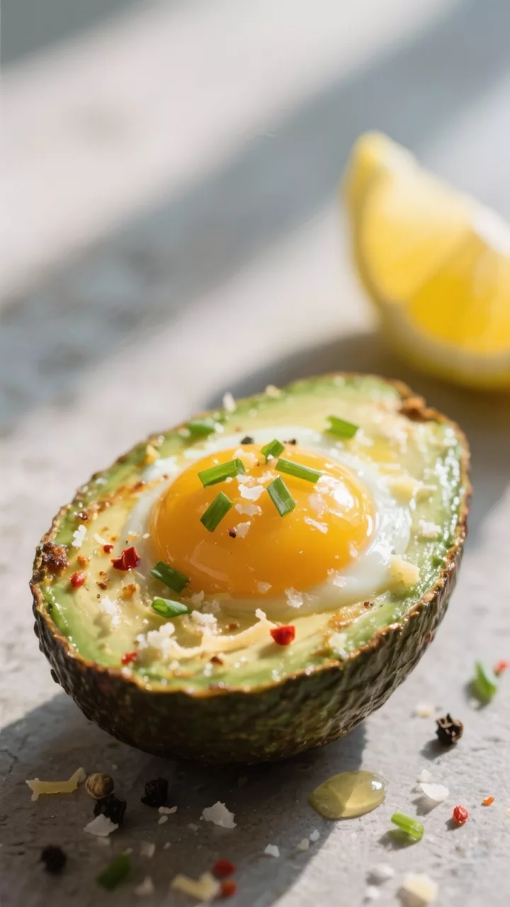 Close-up detail: Baked avocado half cradling a silky, just-set egg with glossy yolk, edges of the av