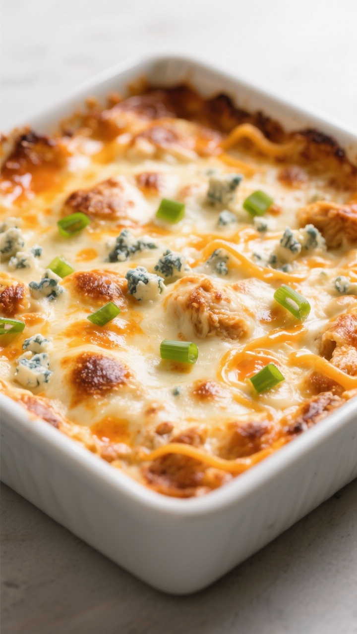Close-up detail: Bubbling Keto Buffalo Chicken Dip just out of the oven in an 8x8 baking dish, molte