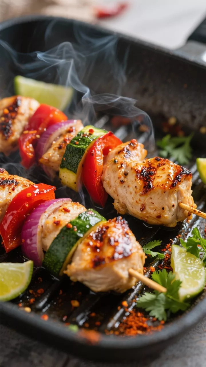 Close-up detail: Charred spicy keto chicken skewers sizzling on a hot grill pan, medium-high heat wi