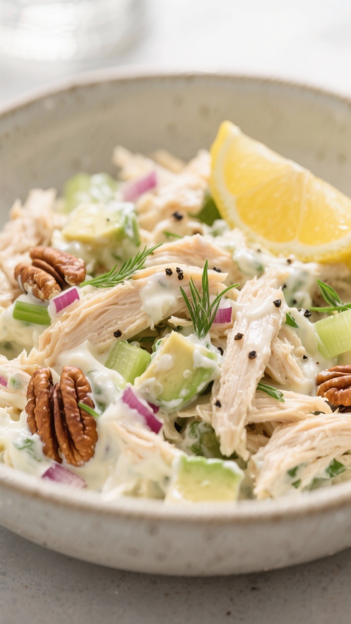 Close-up detail: Creamy keto chicken salad just after mixing, showing tender shredded rotisserie chi