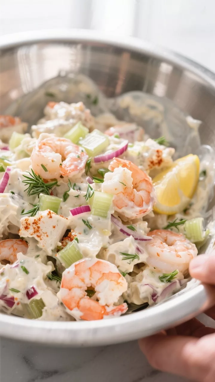 Close-up detail: Creamy shrimp and lump crab salad being gently folded together in a chilled stainle