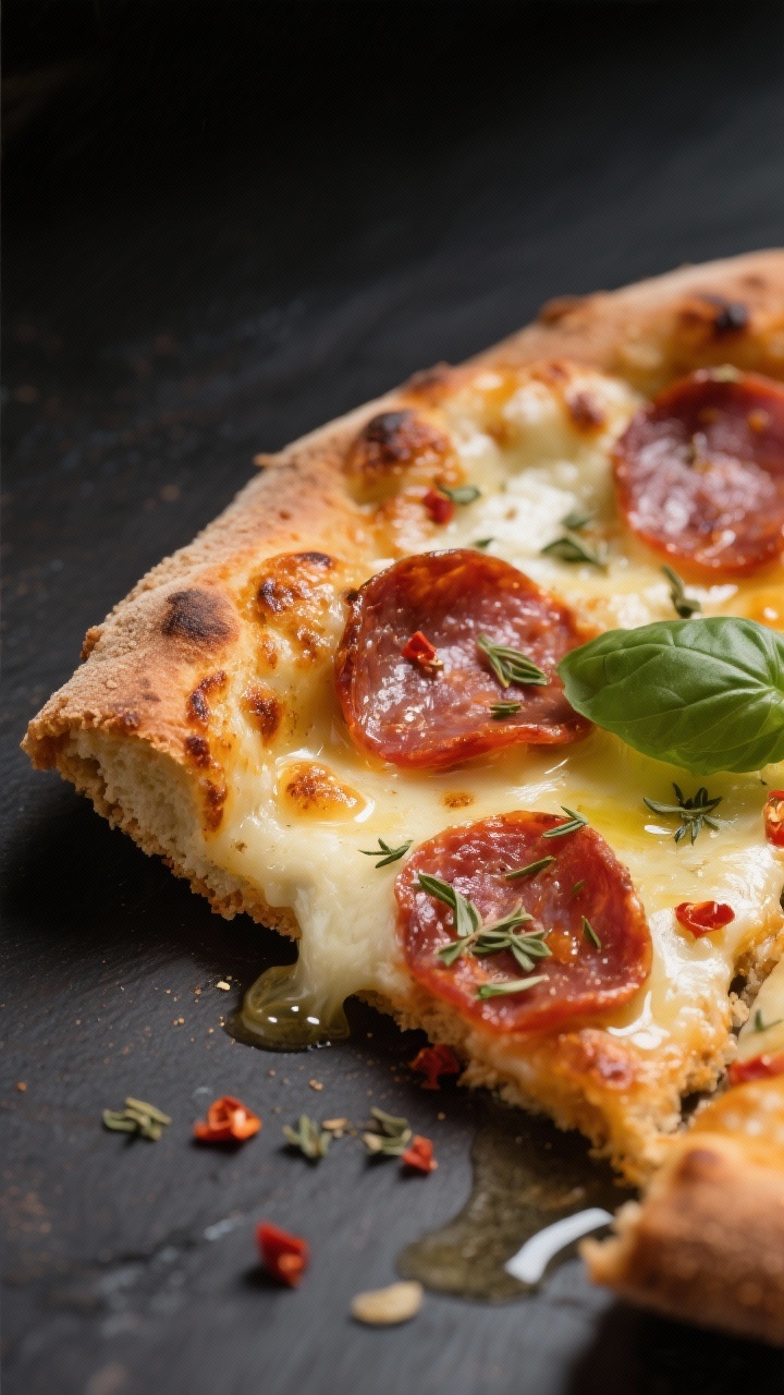 Close-up detail: Crispy-edged keto almond-flour pizza slice just after the final bake, showing golde
