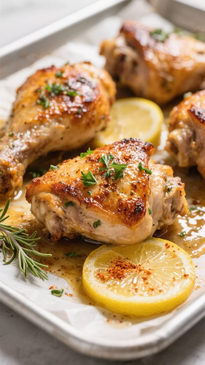 Close-up detail: Crispy-skinned keto lemon herb chicken thighs just out of the oven, skin blistered 