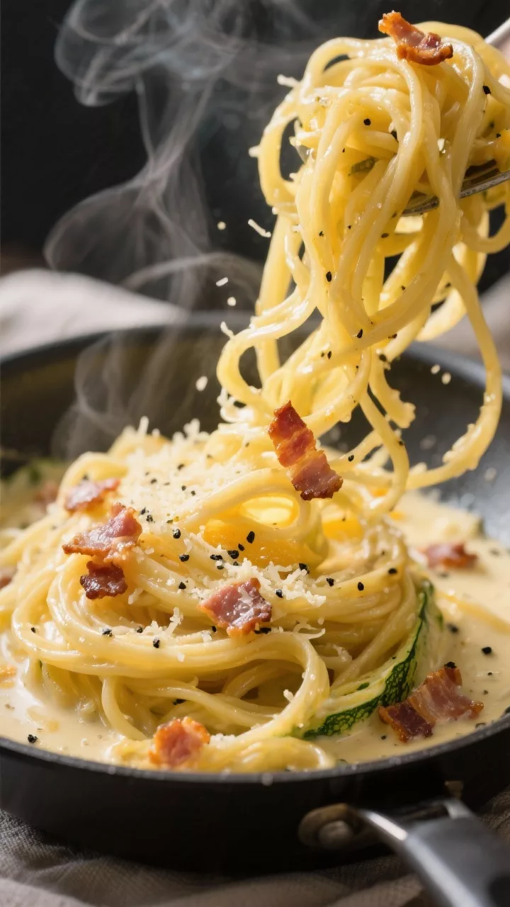 Close-up detail: Glossy spaghetti squash “noodles” being tossed off-heat in a skillet with the e