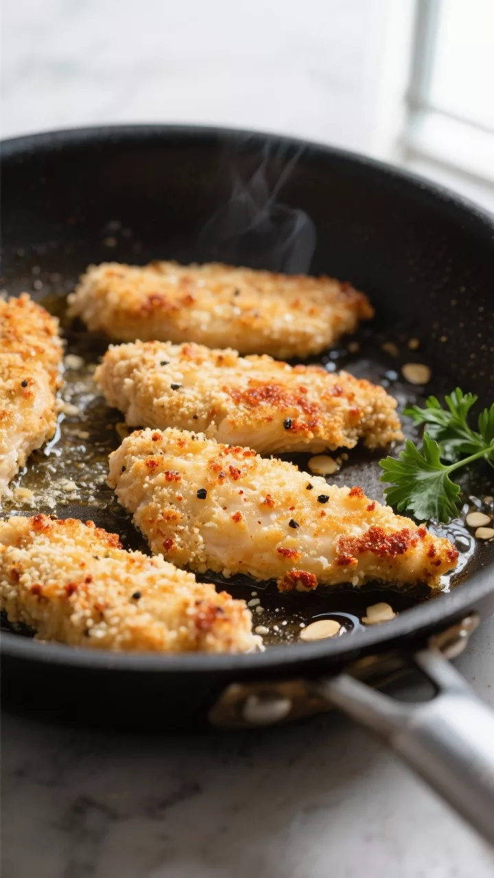 Close-up detail: Golden-brown keto chicken tenders sizzling in a skillet, crisp almond flour and Par