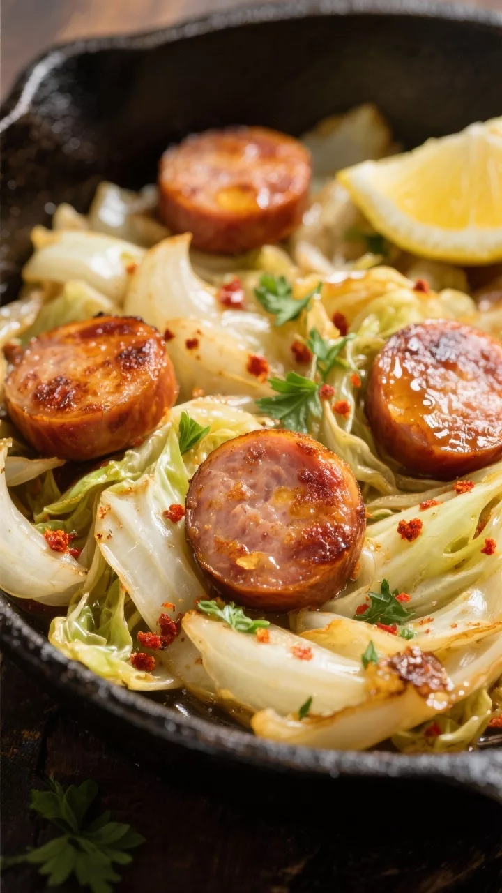 Close-up detail: Golden-browned smoked sausage coins nestled among sautéed cabbage and onions in a