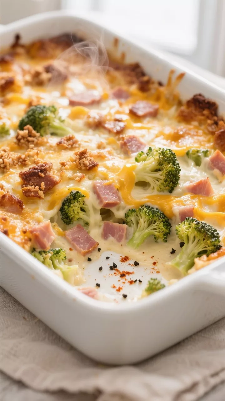 Close-up detail: Golden, bubbly Keto Broccoli and Ham Casserole just out of the oven, showing stretc