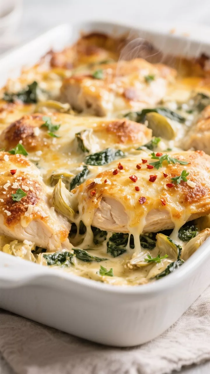Close-up detail: Golden-bubbly Keto Spinach Artichoke Chicken Bake just out of the oven, showing mol