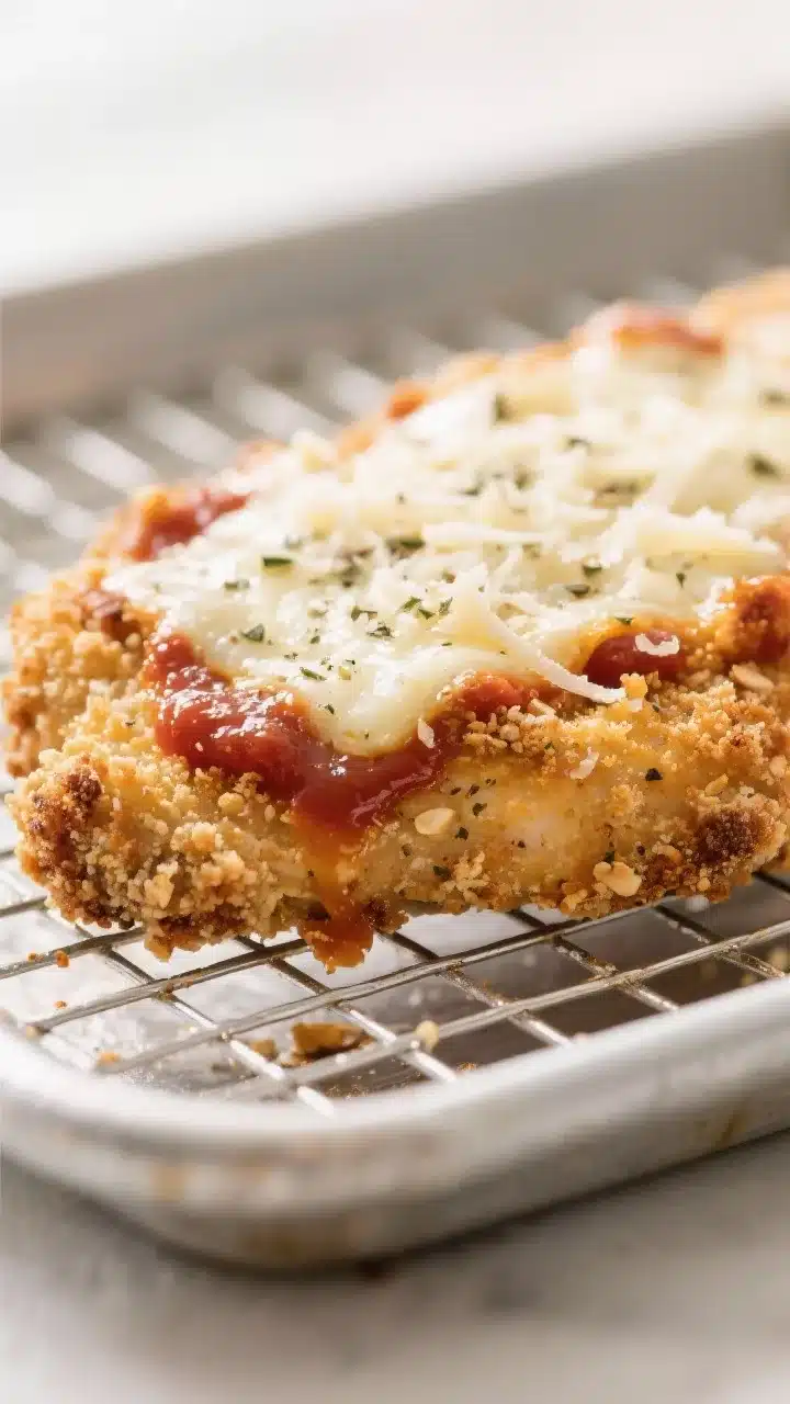 Close-up detail: Golden, low-carb Chicken Parmesan cutlet just out of the air fryer, showing an ultr