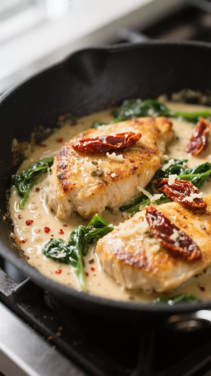 Close-up detail: Golden pan-seared chicken cutlets nestled in a silky garlic-Parmesan cream sauce, s