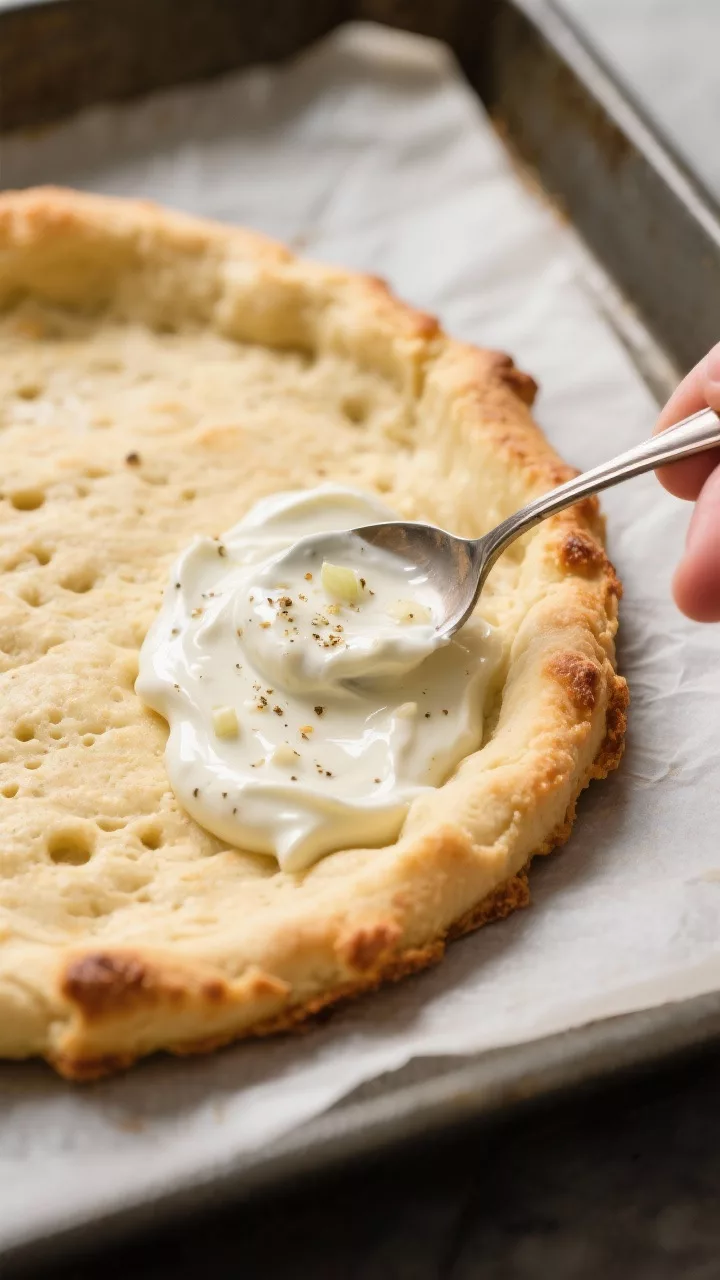 Close-up detail: Golden par-baked fathead crust just out of the oven, edges visibly crispy with ligh
