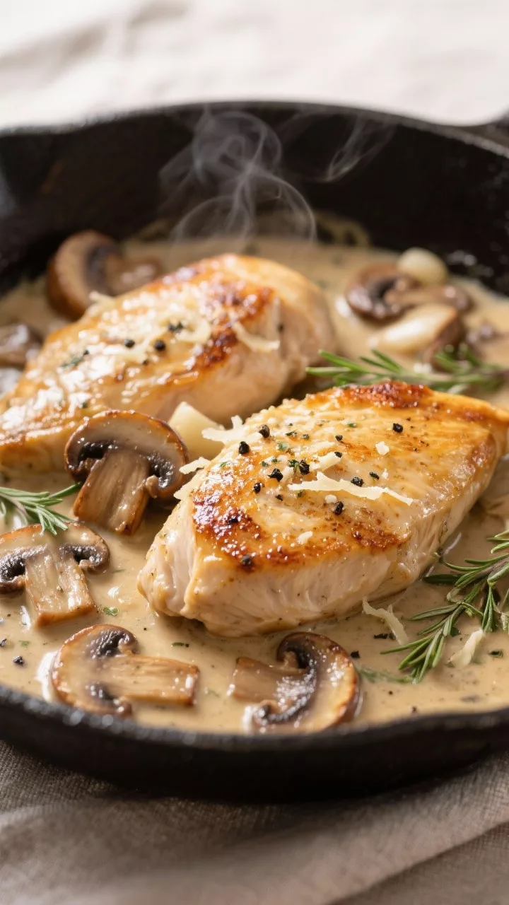 Close-up detail: Golden-seared chicken breasts nestled in a skillet of creamy garlic mushroom sauce,