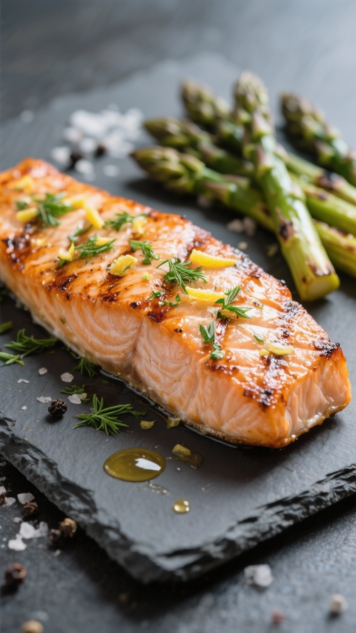 Close-up detail: Grilled salmon fillet skin-side up on a slate board, showing crisp, blistered skin 