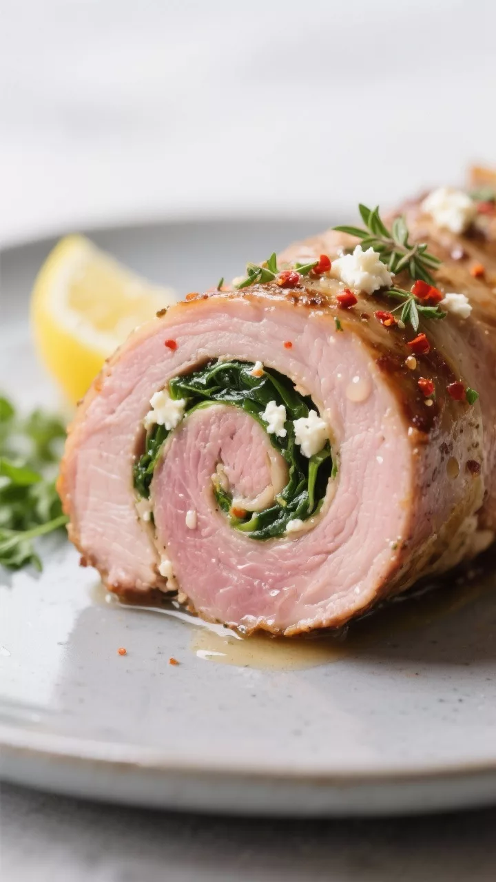 Close-up detail — Juicy interior: Macro close-up of a single slice of stuffed pork tenderloin on a