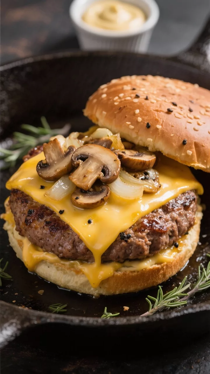 Close-up detail: Juicy keto mushroom and Swiss burger patty just off the skillet, Swiss cheese melte