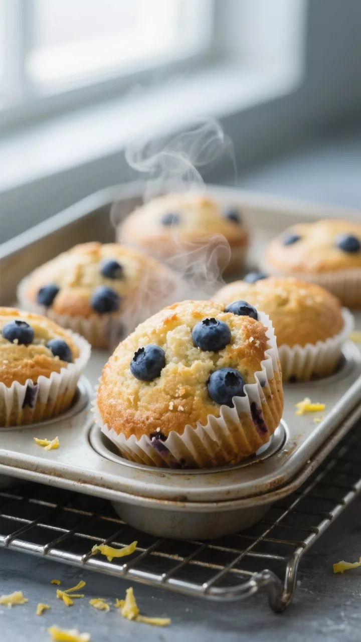 Close-up detail: Just-baked keto blueberry muffins cooling in a tin with paper liners, domed golden 