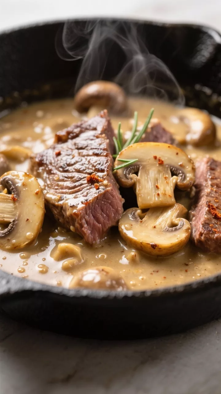 Close-up detail: Sear-kissed beef slices nestled among golden-browned cremini mushrooms in a silky, 