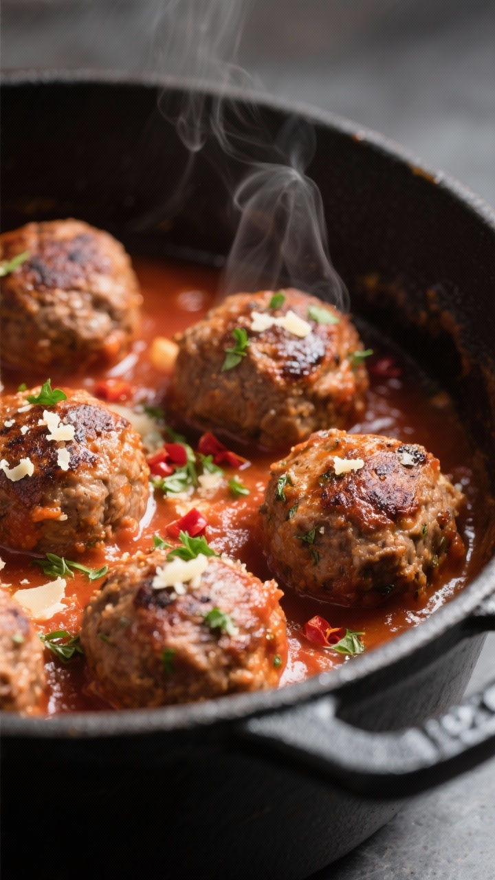 Close-up detail: Seared keto meatballs nestled in gently simmering marinara sauce inside a matte bla