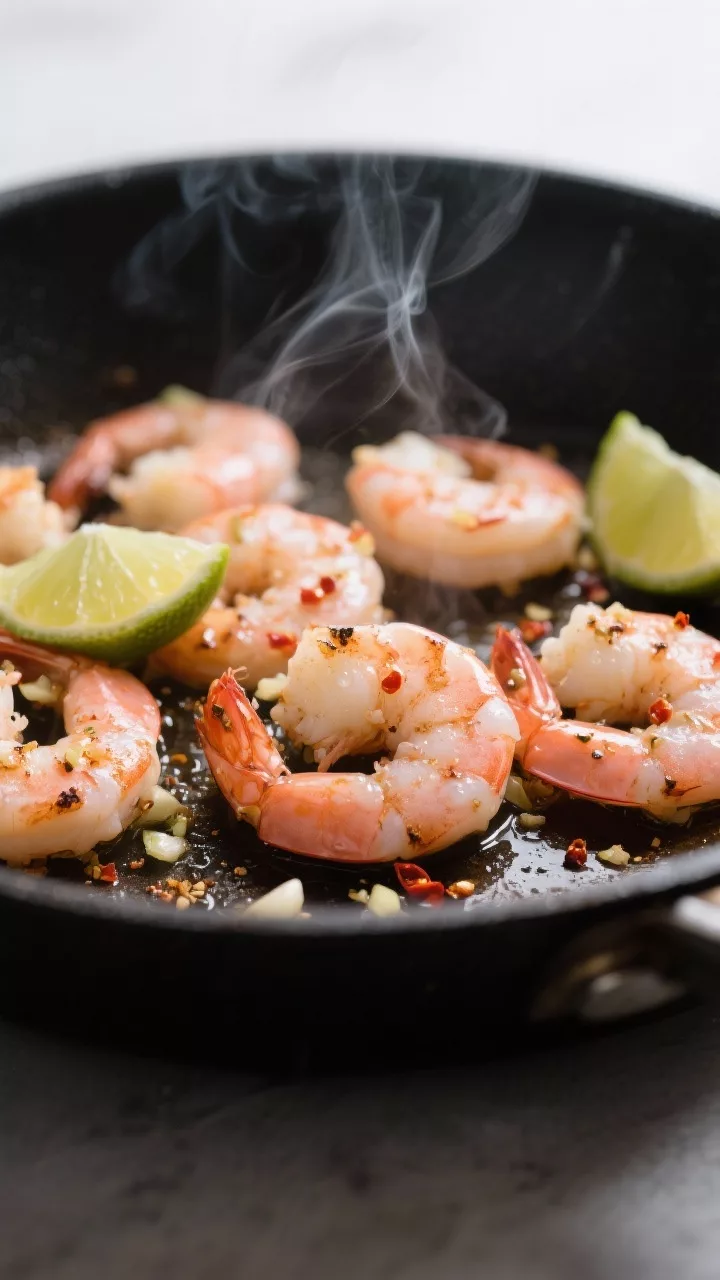 Close-up detail: Searing shrimp in a skillet mid-cook, pink and opaque with light char edges, flecks