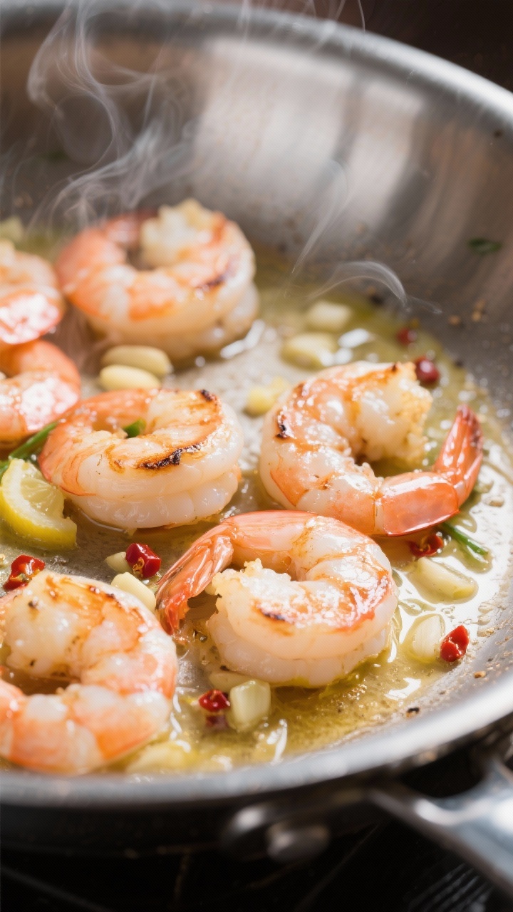 Close-up detail: Searing shrimp scampi in a stainless-steel skillet, shrimp just turned pink and opa