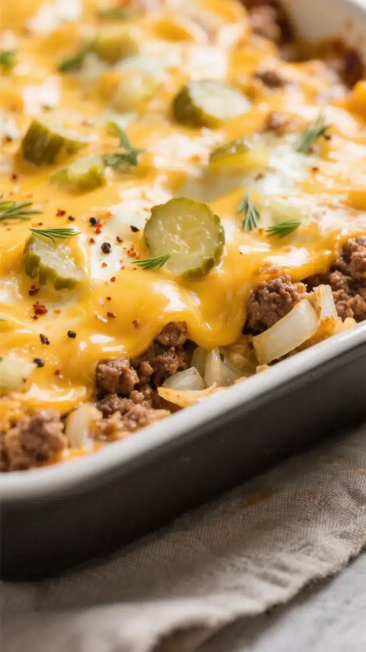 Close-up detail shot: A bubbling Keto Cheeseburger Casserole just out of the oven, golden melted che