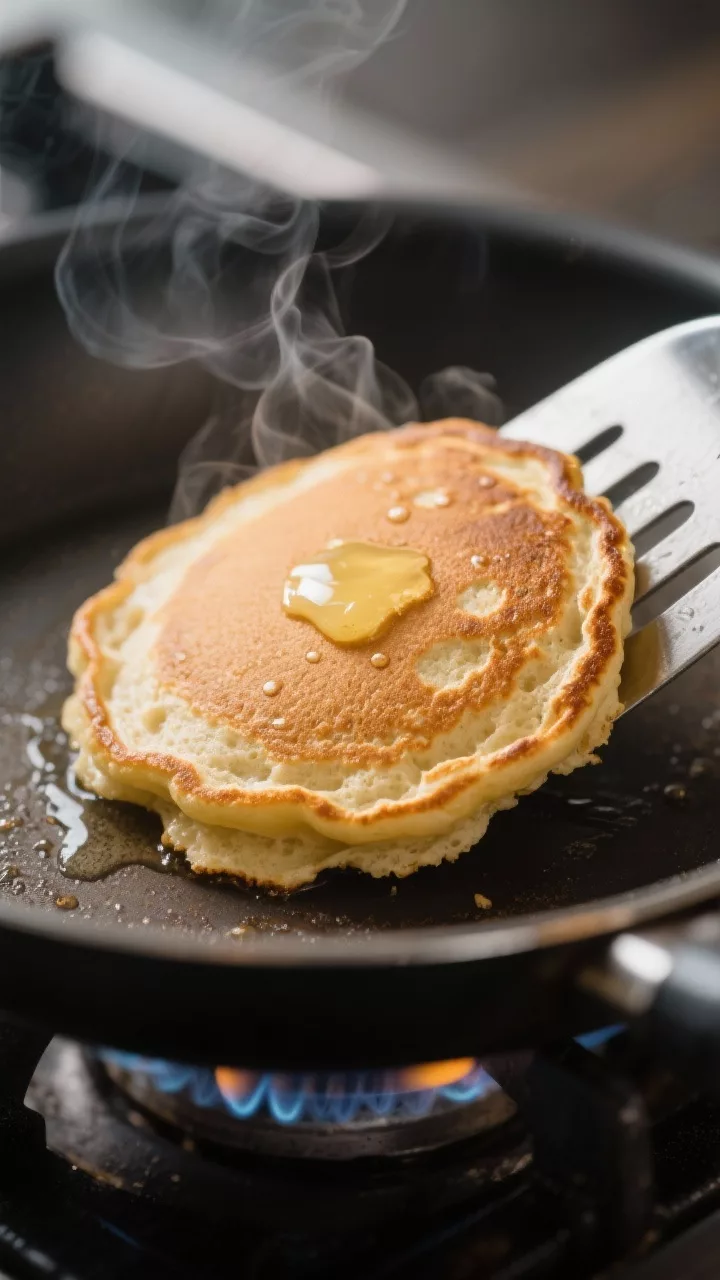 Close-up detail shot: A small coconut flour pancake just flipped on a nonstick skillet, golden-brown