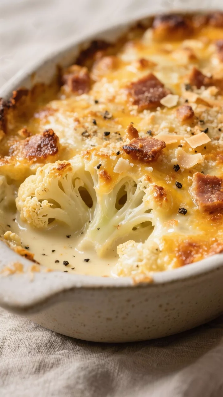 Close-up detail shot: Bubbling keto cauliflower gratin just out of the oven, showing golden, blister