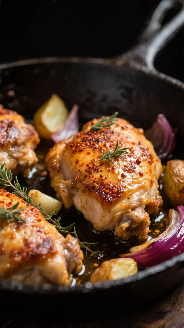 Close-up detail shot: Crispy baked chicken thighs just out of the oven, skin-side up in a dark cast-