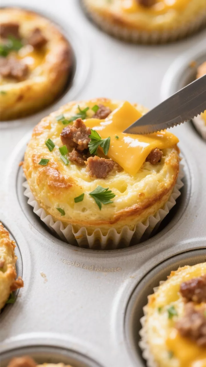 Close-up detail shot: Freshly baked keto egg muffins just out of the oven, golden tops with melted c