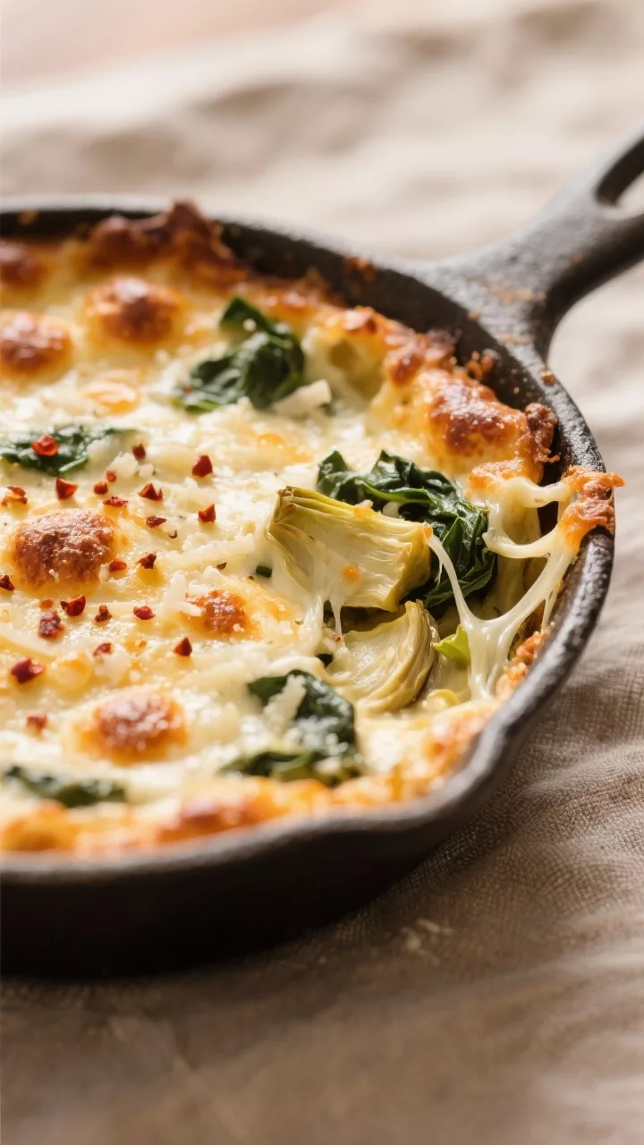 Close-up detail shot of freshly baked Keto Cheesy Spinach Artichoke Dip just out of the oven in a sm
