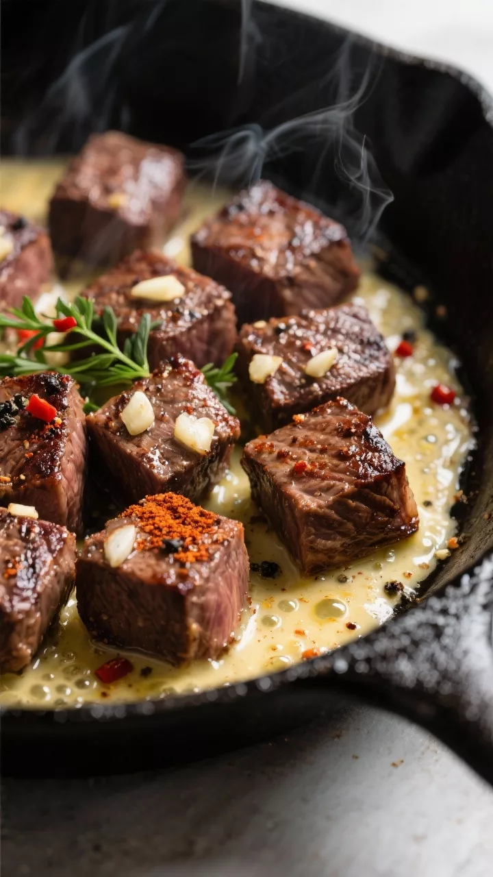 Close-up detail shot of sizzling keto garlic butter steak bites in a black cast-iron skillet, mid-co