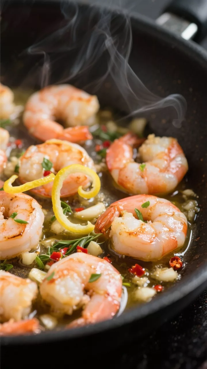 Close-up detail shot: Searing keto lemon garlic herb shrimp in a hot skillet, shrimp pink and just o
