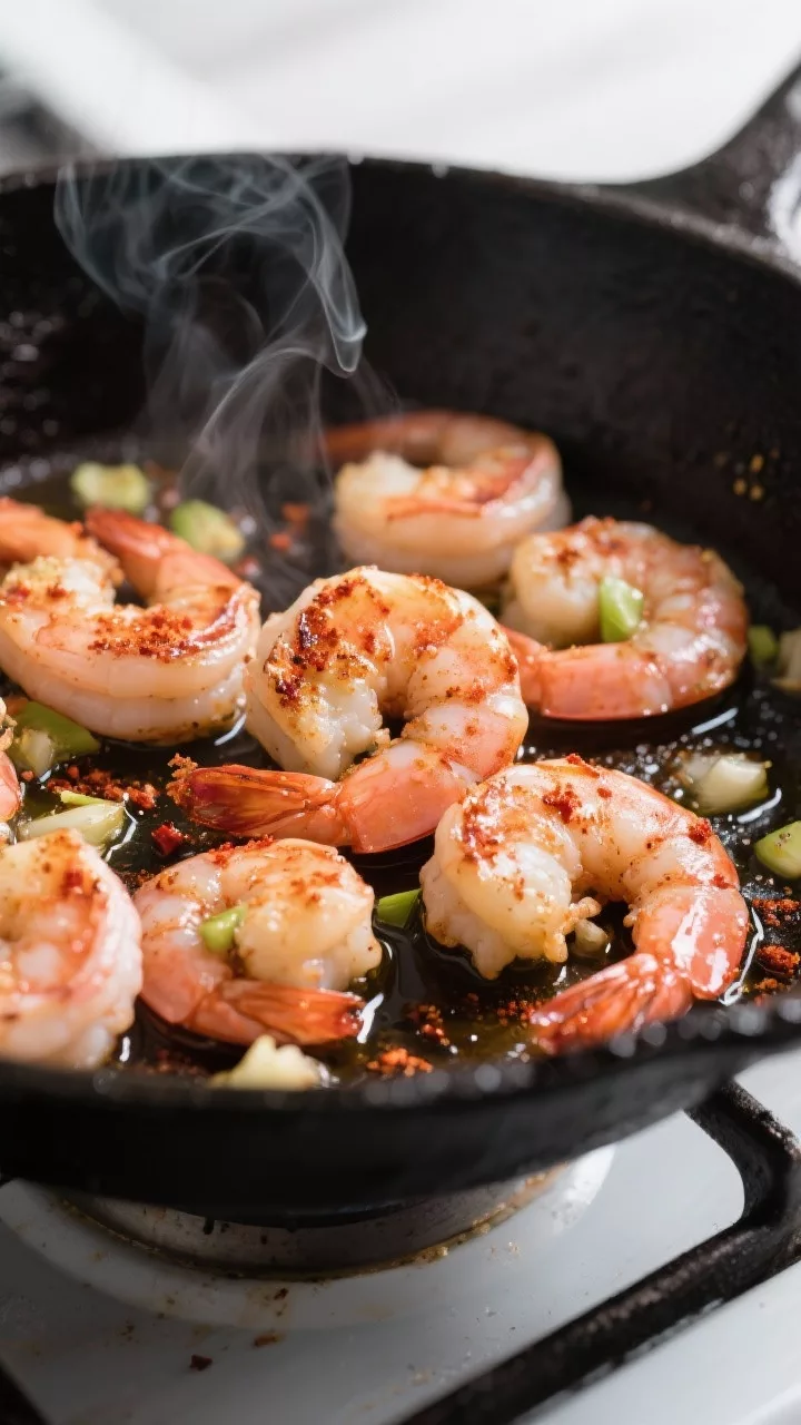 Close-up detail shot: Sizzling seasoned shrimp in a hot skillet, just turned pink and opaque with a 