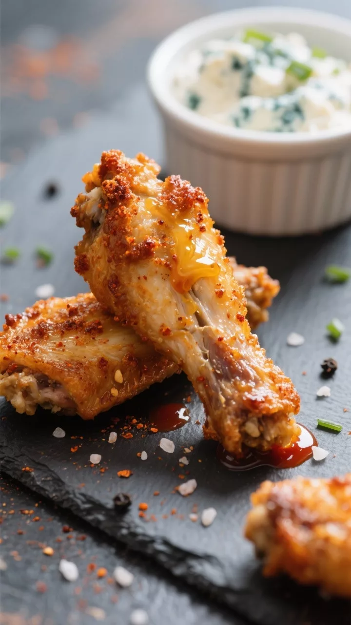 Close-up detail shot: Ultra-crispy baked keto chicken wing, skin blistered and golden with paprika-s