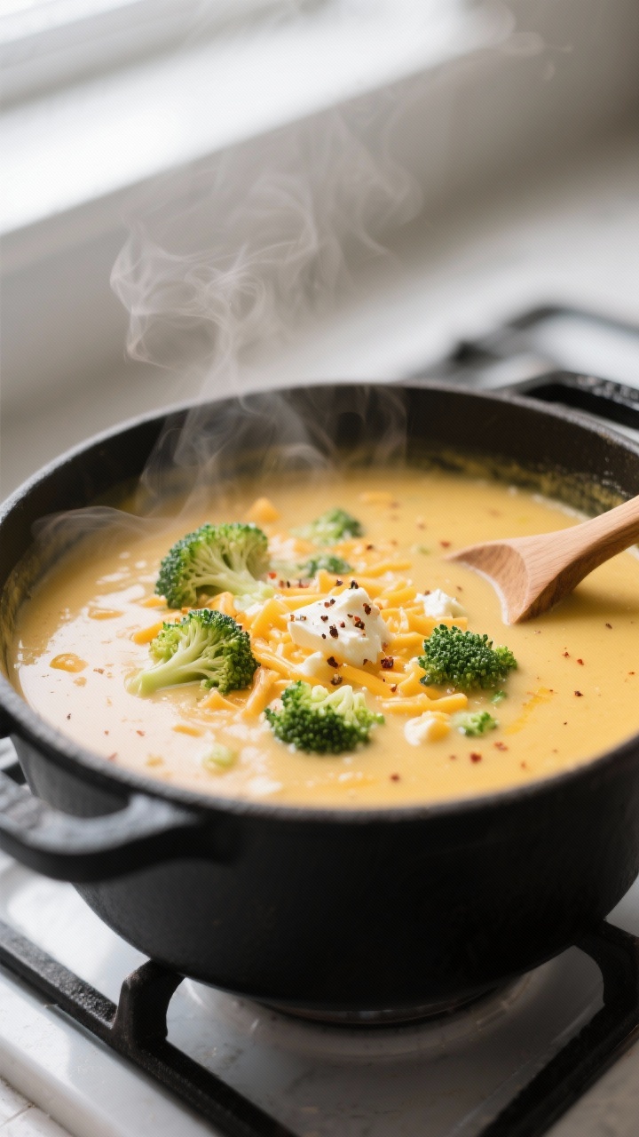 Close-up detail: Silky keto broccoli cheddar soup mid-simmer in a matte black Dutch oven, just after