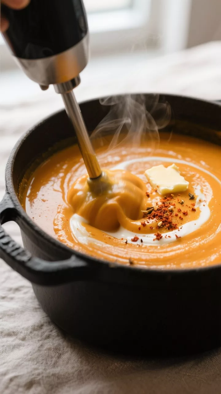 Close-up detail: Silky keto pumpkin soup being blended smooth in a pot with an immersion blender, vi