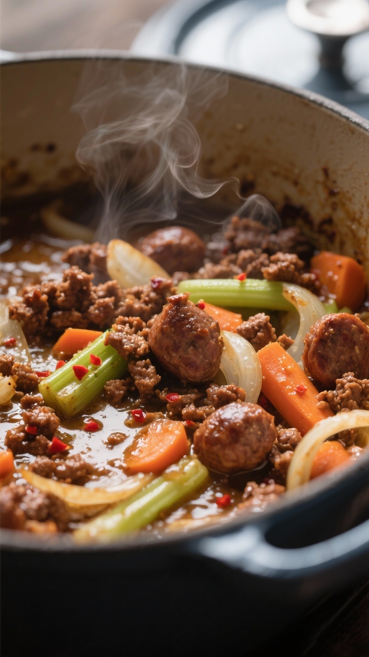 Close-up detail: Sizzling browned Italian sausage crumbles nestled with soft translucent onions, car