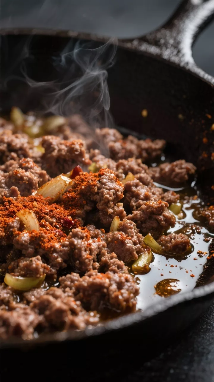 Close-up detail: Sizzling spiced ground beef in a cast-iron skillet, browned with crispy edges and v