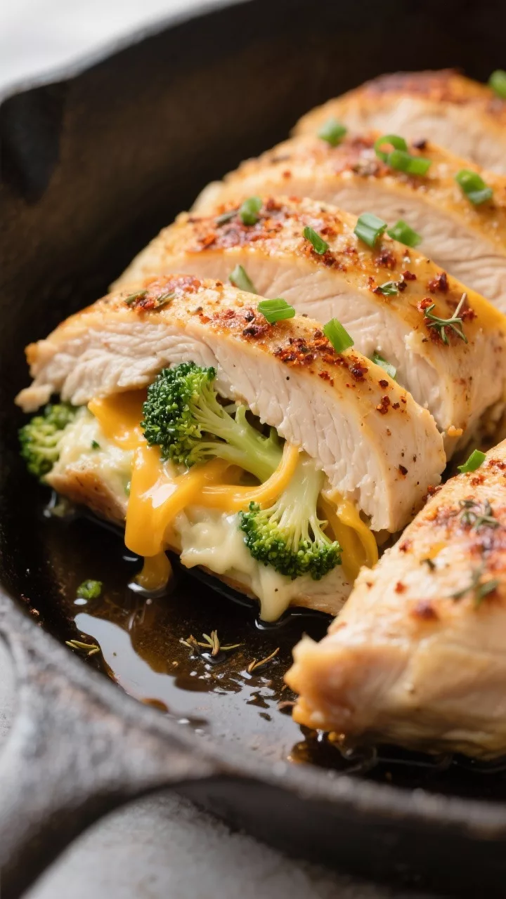 Close-up detail: Sliced keto broccoli and sharp cheddar stuffed chicken breast just out of the oven,