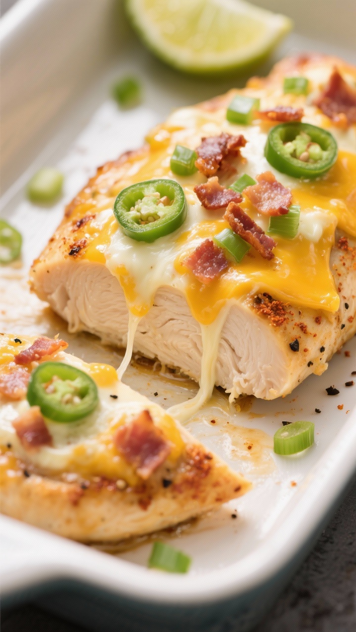 Close-up detail: Sliced Keto Jalapeño Popper Chicken just out of the oven, showing juicy chicken br
