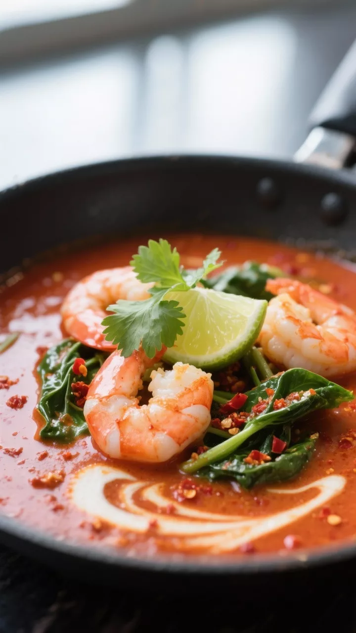 Close-up detail: Tender cooked shrimp nestled in a creamy red coconut curry sauce, glossy surface wi
