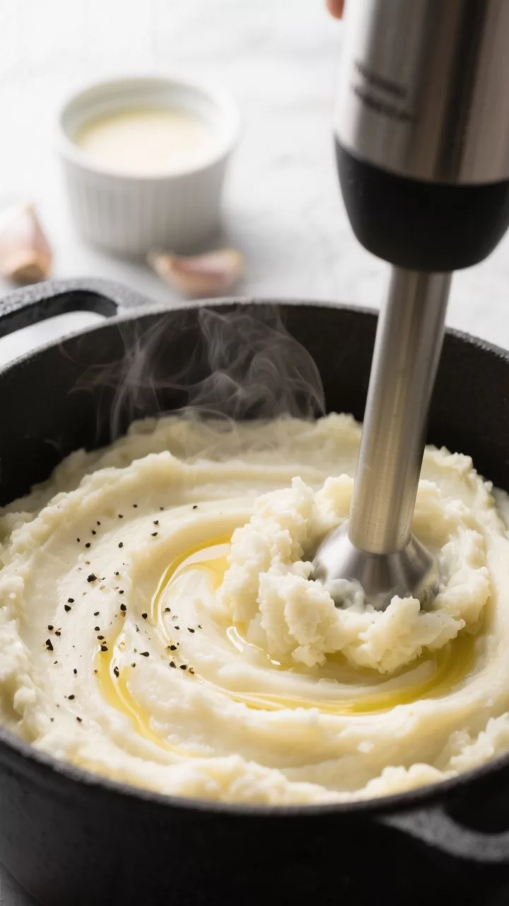 Close-up detail: Ultra-smooth cauliflower mashed potatoes being blended with an immersion blender in